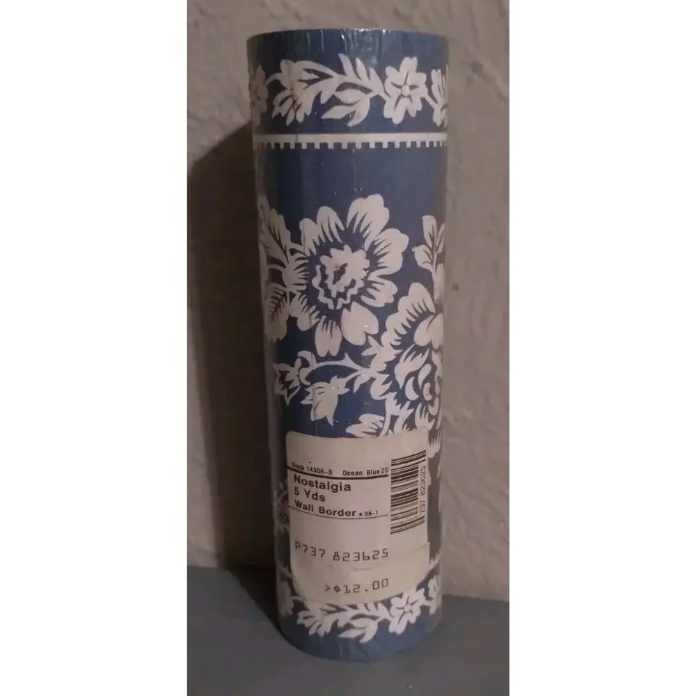 Nostalgia Wall Border - Ocean Blue - Floral Ribbons - New Old Stock - 5 yds